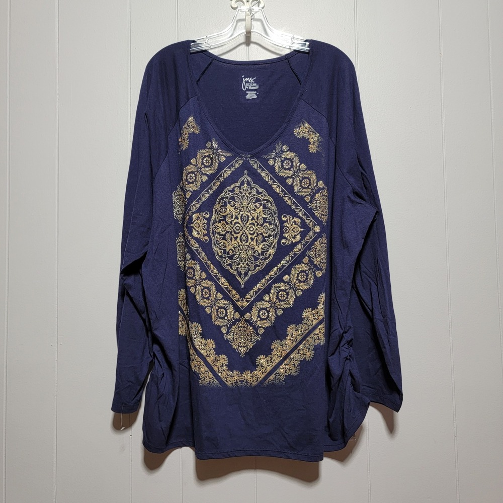JMS Just My Size by Hanes Navy Blue Gold Medallion Ruched Side Tunic Top 5X